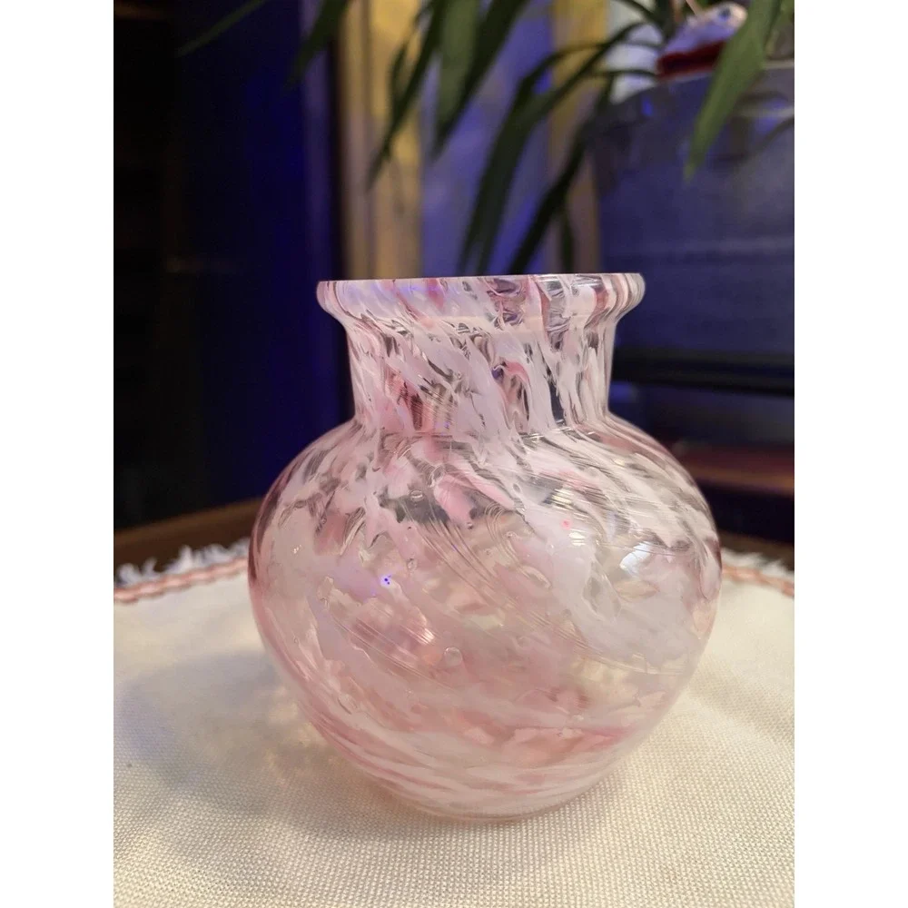 Vintage Hand Blown Pink White Swirl Art Glass Vase - Flawless Condition